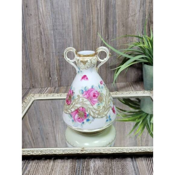 Antique Nippon Vase, Moriage Hand Painted, Pink Roses, (Repaired) - Picture 1 of 8